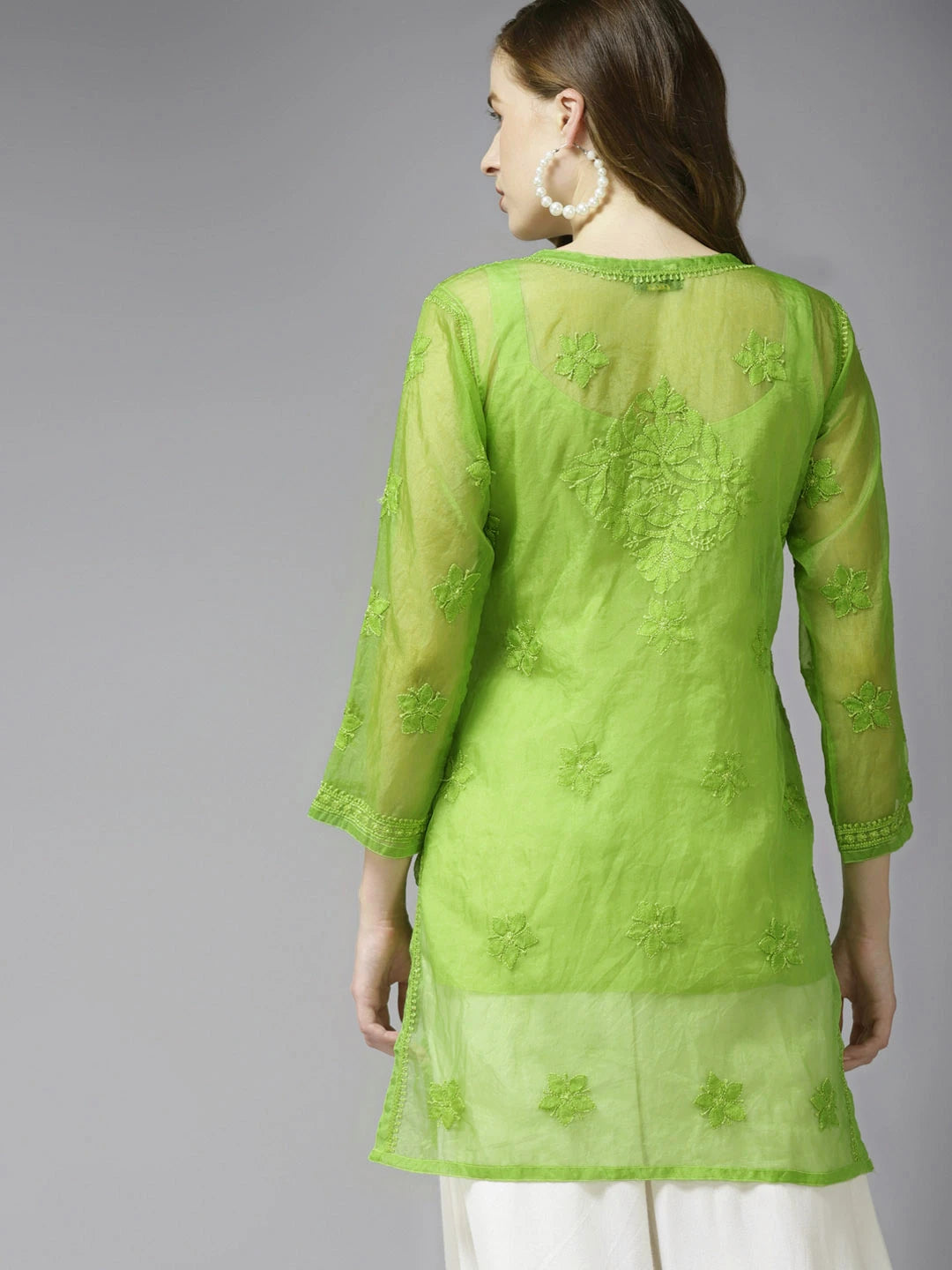 Ada Hand Embroidered Green Organza Lucknowi Chikankari Kurti With Slip A911161