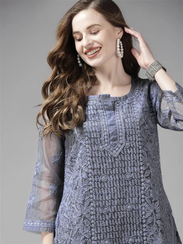 Ada Hand Embroidered Grey Organza Lucknowi Chikan Short Kurti With Slip A911165