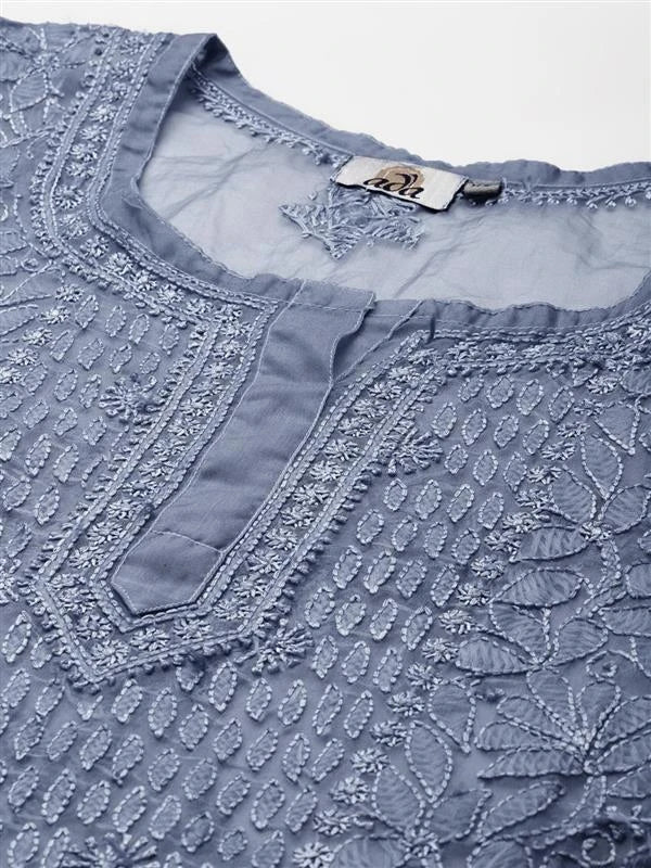Ada Hand Embroidered Grey Organza Lucknowi Chikan Short Kurti With Slip A911165