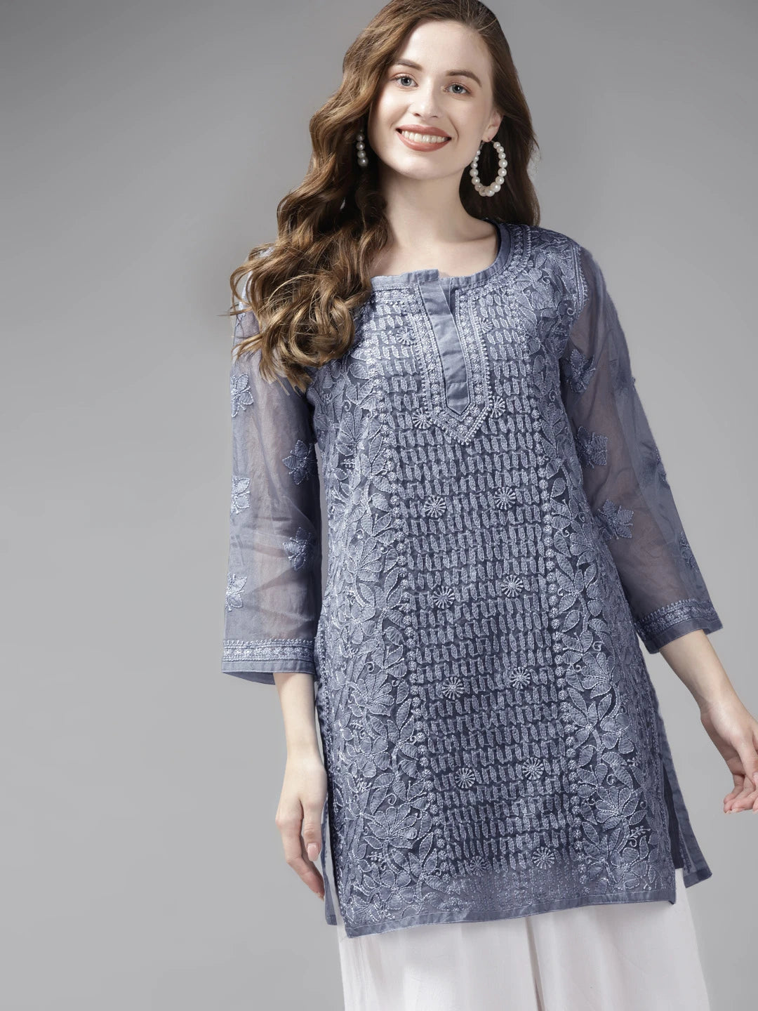 Ada Hand Embroidered Grey Organza Lucknowi Chikan Short Kurti With Slip A911165