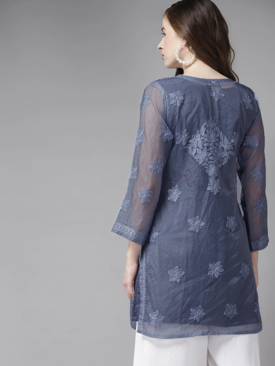 Ada Hand Embroidered Grey Organza Lucknowi Chikan Short Kurti With Slip A911165