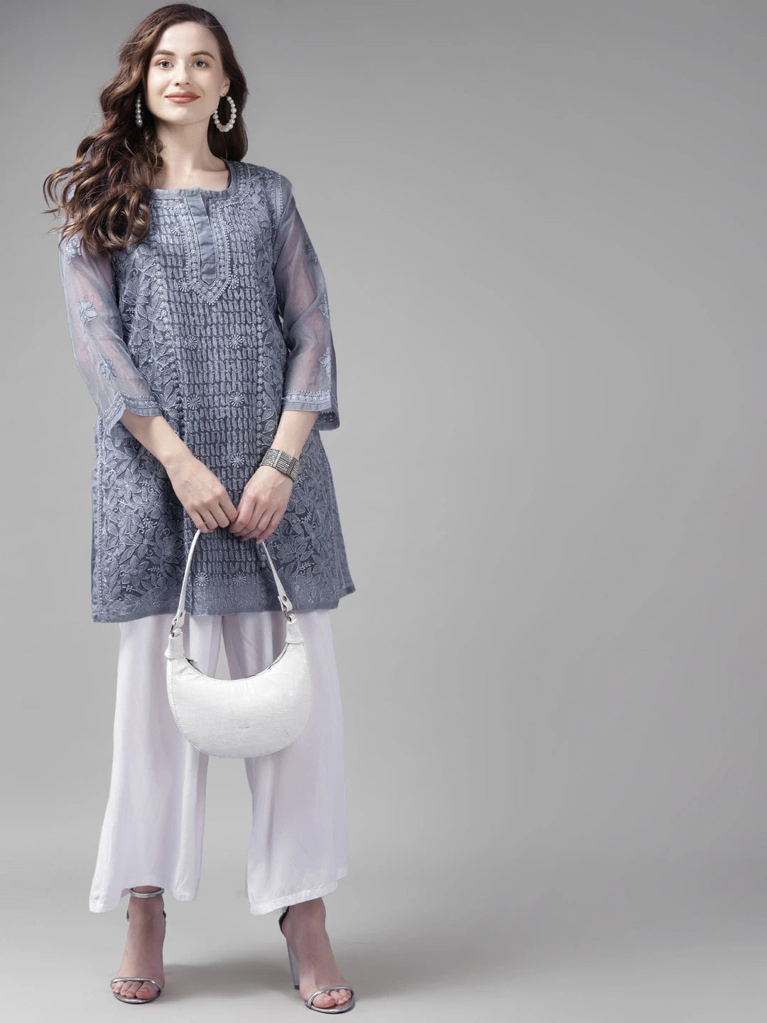 Ada Hand Embroidered Grey Organza Lucknowi Chikan Short Kurti With Slip A911165