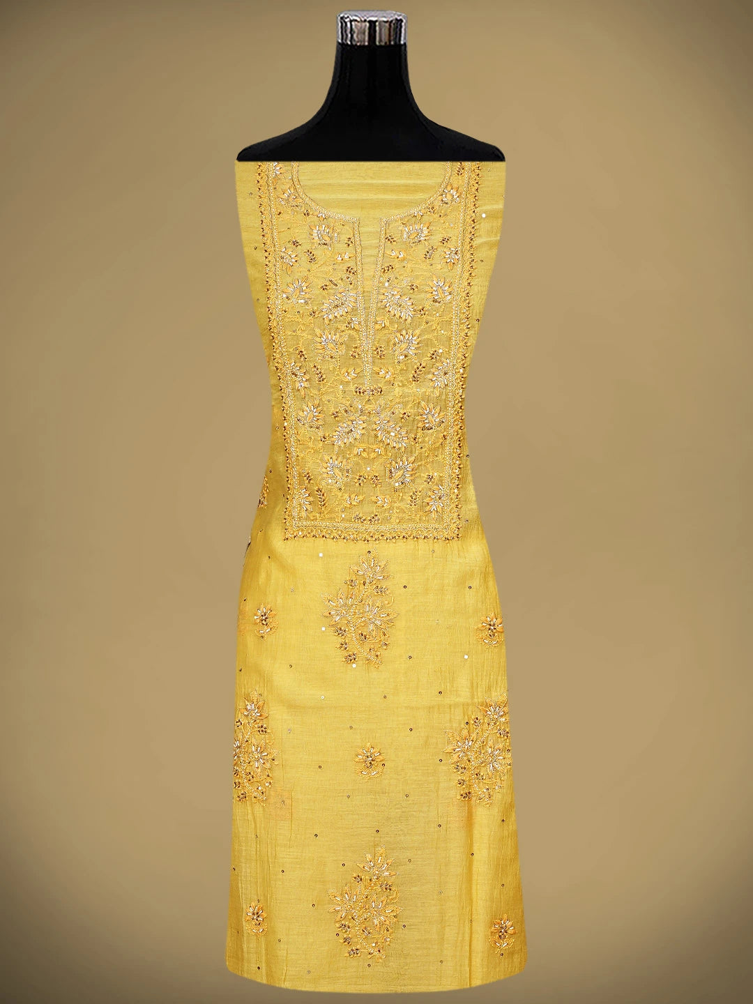 Ada Hand Embroidered Yellow Chanderi Lucknowi Chikankari Unstitched Kurta Dupatta Set With Pearl Work 01A602149