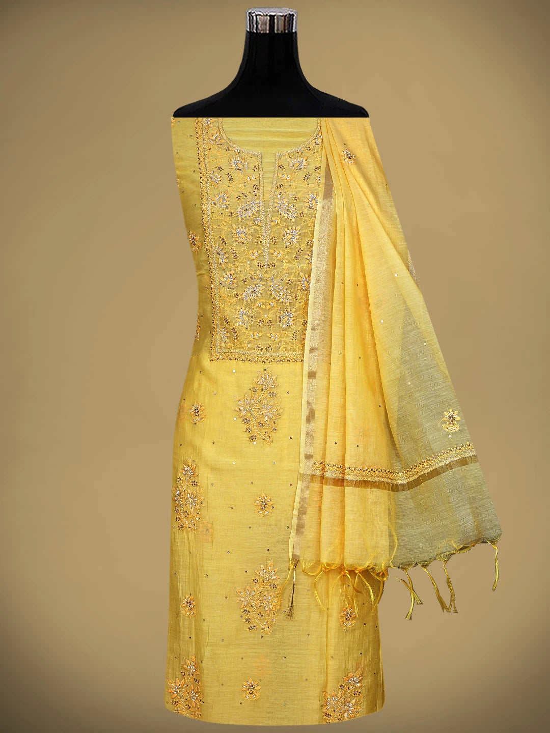 Ada Hand Embroidered Yellow Chanderi Lucknowi Chikankari Unstitched Kurta Dupatta Set With Pearl Work 01A602149