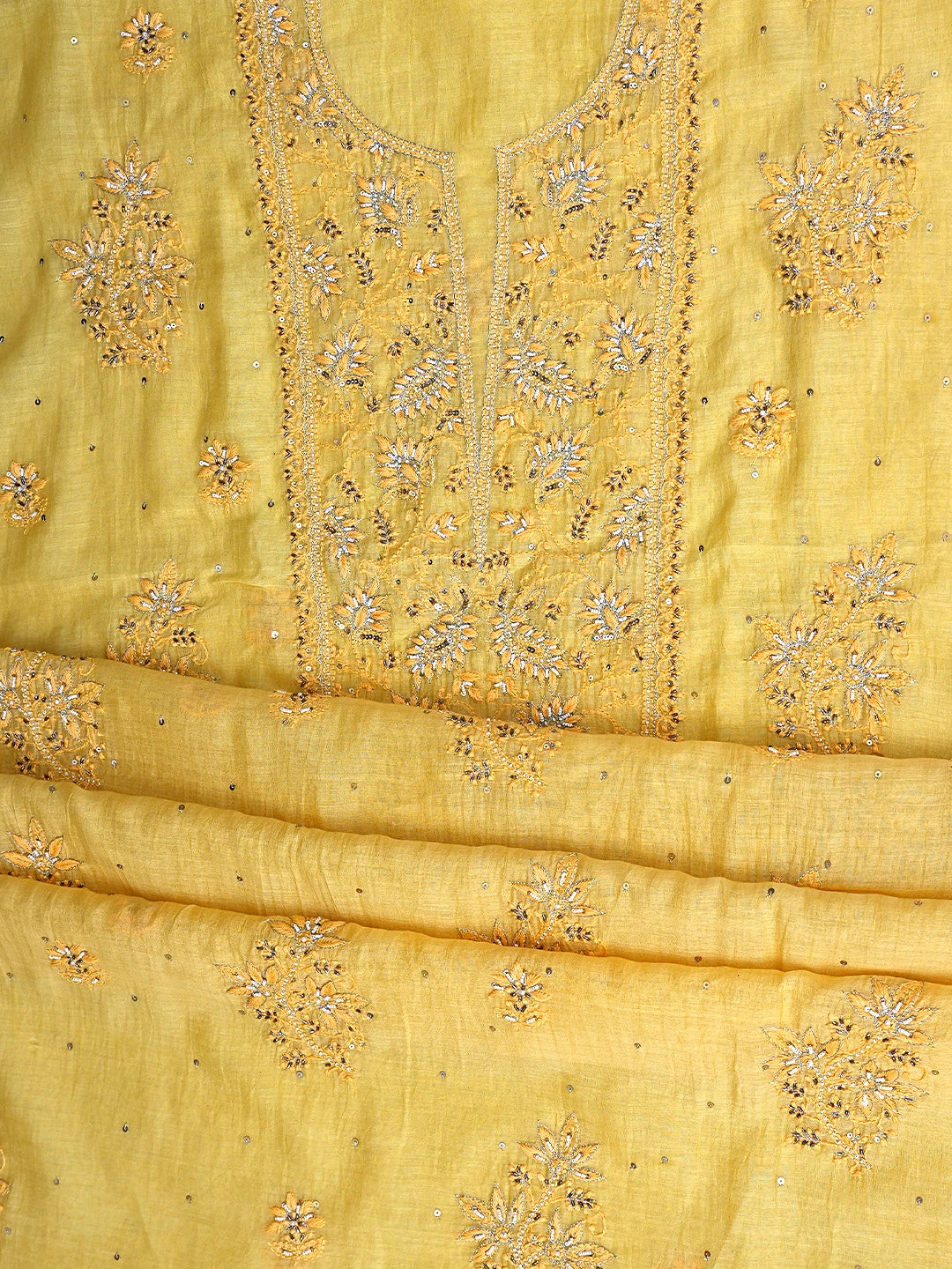 Ada Hand Embroidered Yellow Chanderi Lucknowi Chikankari Unstitched Kurta Dupatta Set With Pearl Work 01A602149