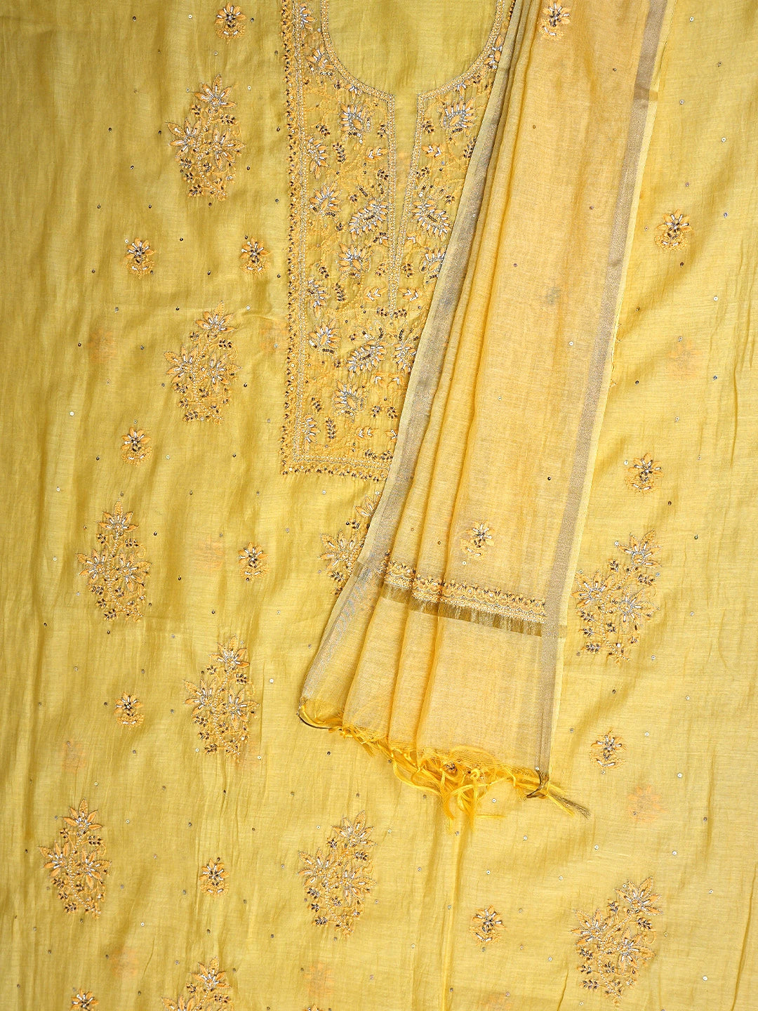 Ada Hand Embroidered Yellow Chanderi Lucknowi Chikankari Unstitched Kurta Dupatta Set With Pearl Work 01A602149