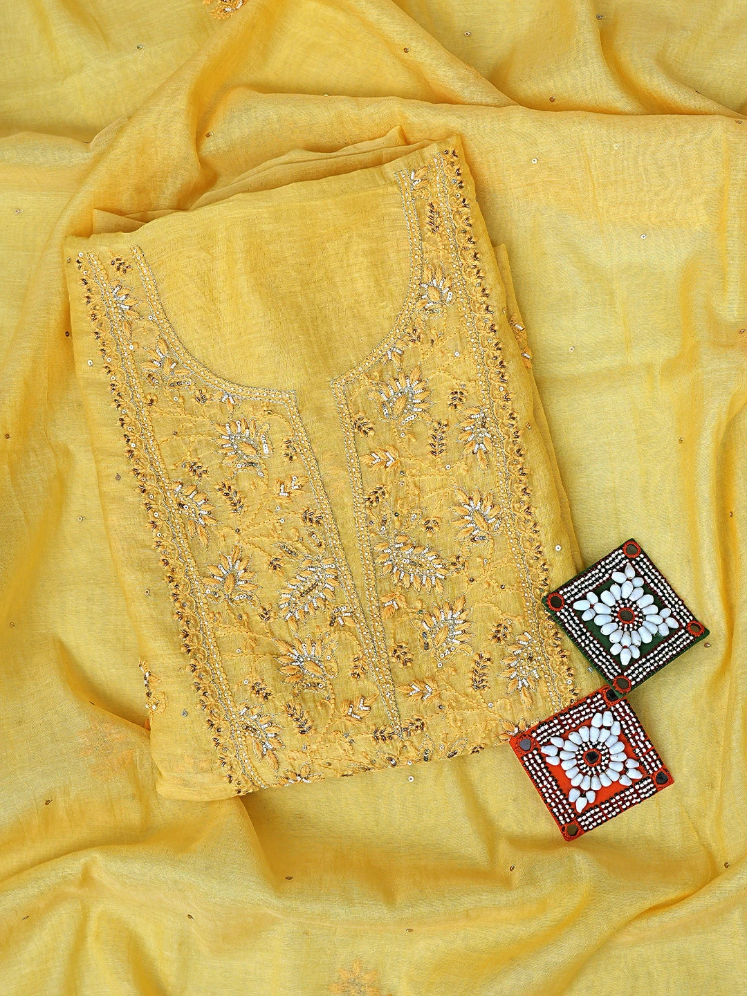 Ada Hand Embroidered Yellow Chanderi Lucknowi Chikankari Unstitched Kurta Dupatta Set With Pearl Work 01A602149