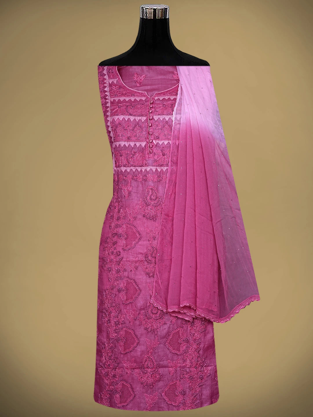 Ada Hand Embroidered Onion Pink Silk Lucknowi Chikankari Unstitched Suit Piece with Chiffon Dupatta 01A904173