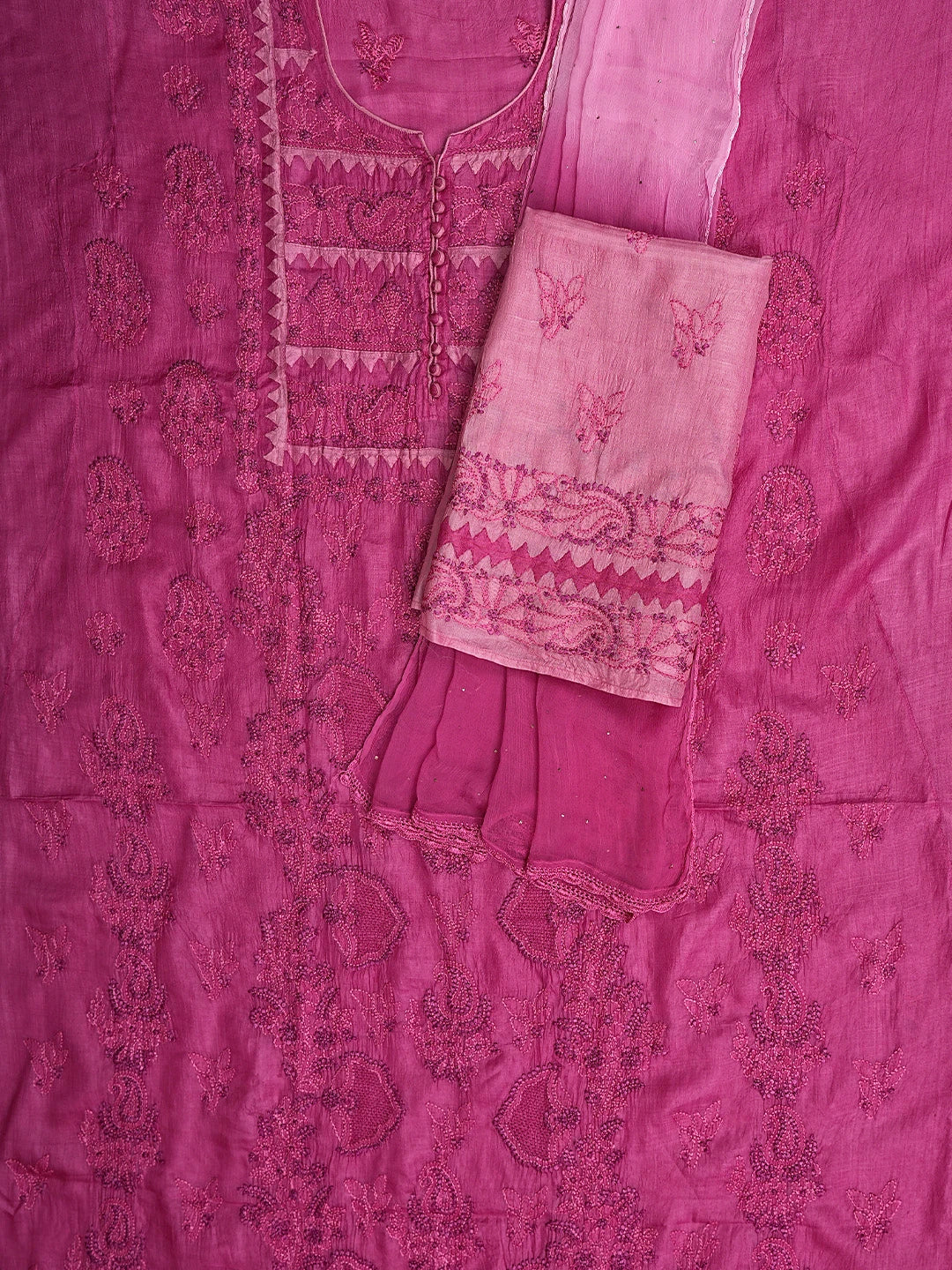 Ada Hand Embroidered Onion Pink Silk Lucknowi Chikankari Unstitched Suit Piece with Chiffon Dupatta 01A904173