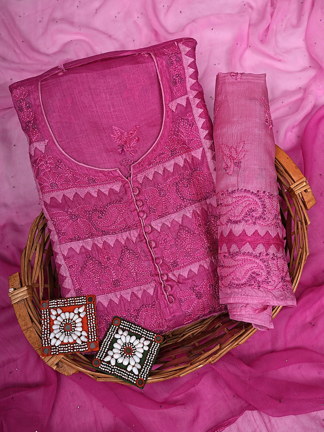 Ada Hand Embroidered Onion Pink Silk Lucknowi Chikankari Unstitched Suit Piece with Chiffon Dupatta 01A904173