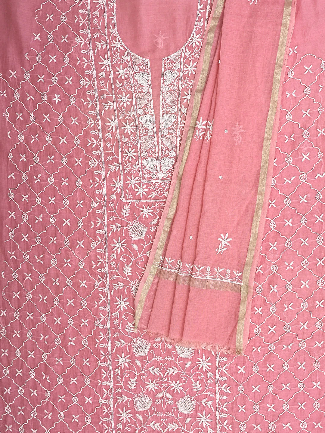 Ada Hand Embroidered Bubblegum Pink Chanderi Lucknowi Chikankari Unstitched Kurta Dupatta Set With Pearl Work 01A819264