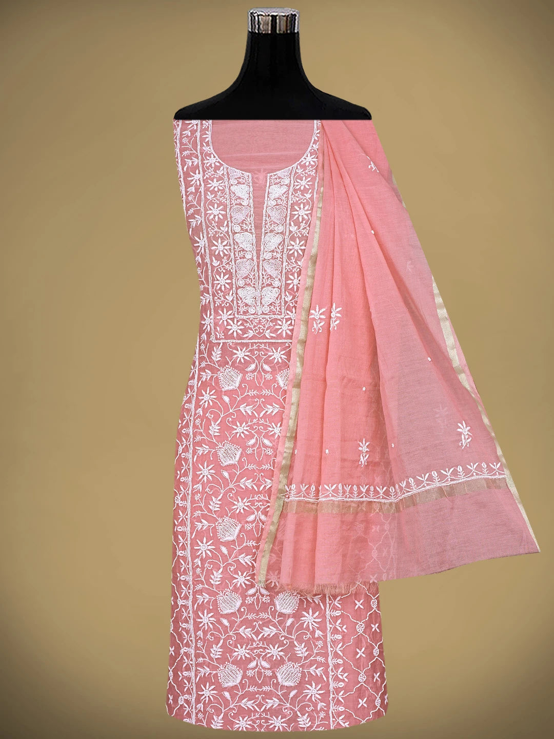 Ada Hand Embroidered Bubblegum Pink Chanderi Lucknowi Chikankari Unstitched Kurta Dupatta Set With Pearl Work 01A819264