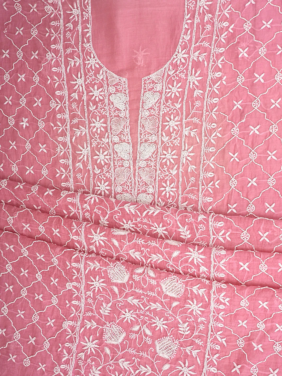 Ada Hand Embroidered Bubblegum Pink Chanderi Lucknowi Chikankari Unstitched Kurta Dupatta Set With Pearl Work 01A819264