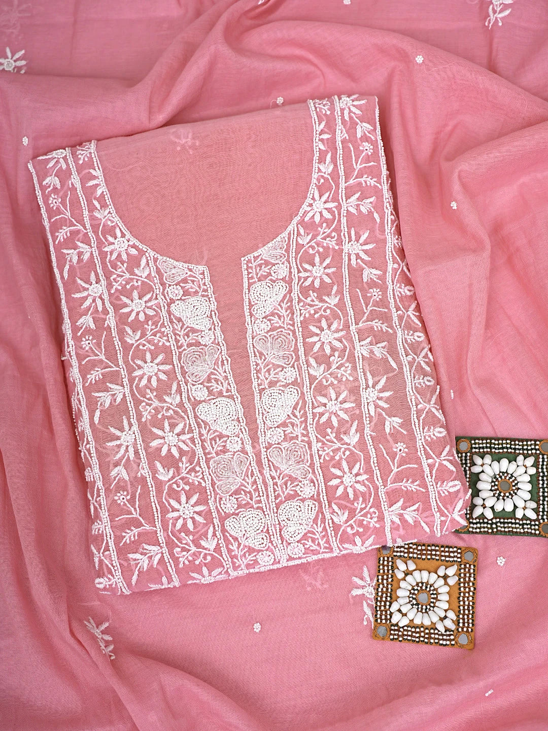 Ada Hand Embroidered Bubblegum Pink Chanderi Lucknowi Chikankari Unstitched Kurta Dupatta Set With Pearl Work 01A819264