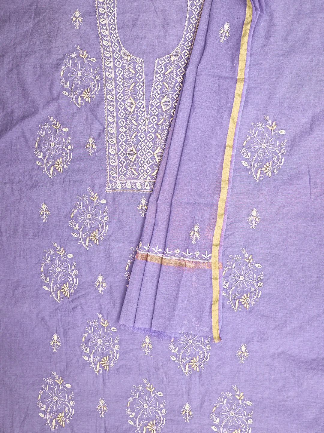 Ada Hand Embroidered Mauve Chanderi Lucknowi Chikankari Unstitched Kurta Dupatta Set With Pearl Work 01A795163