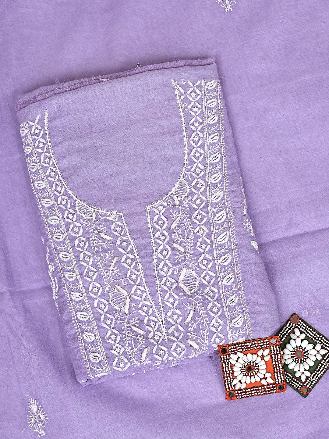 Ada Hand Embroidered Mauve Chanderi Lucknowi Chikankari Unstitched Kurta Dupatta Set With Pearl Work 01A795163