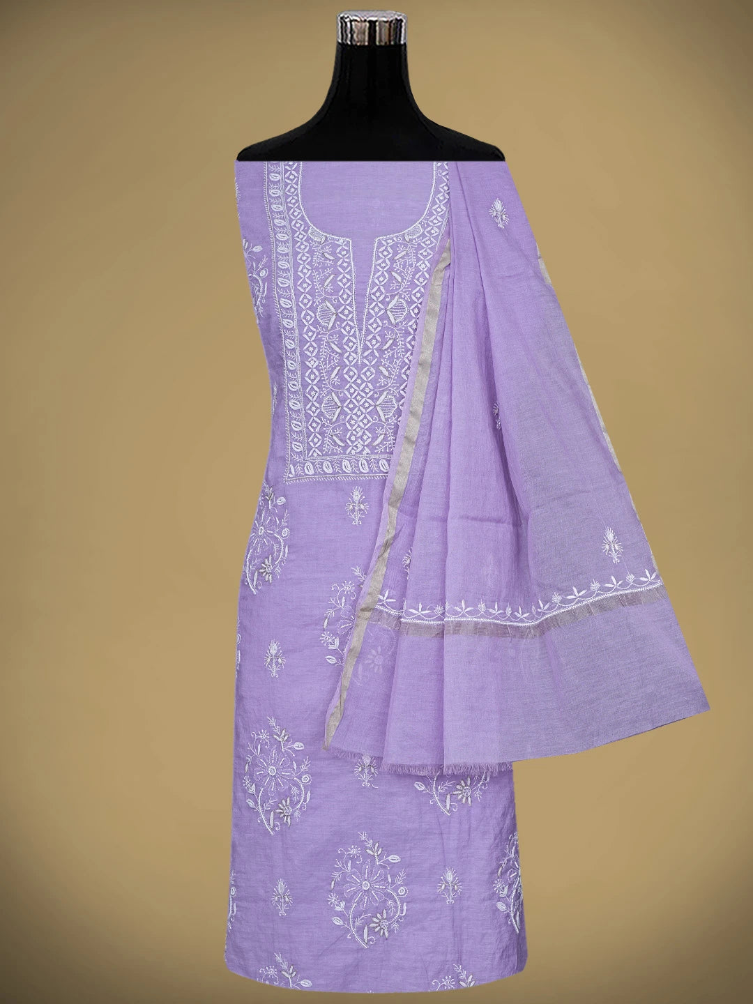 Ada Hand Embroidered Mauve Chanderi Lucknowi Chikankari Unstitched Kurta Dupatta Set With Pearl Work 01A795163