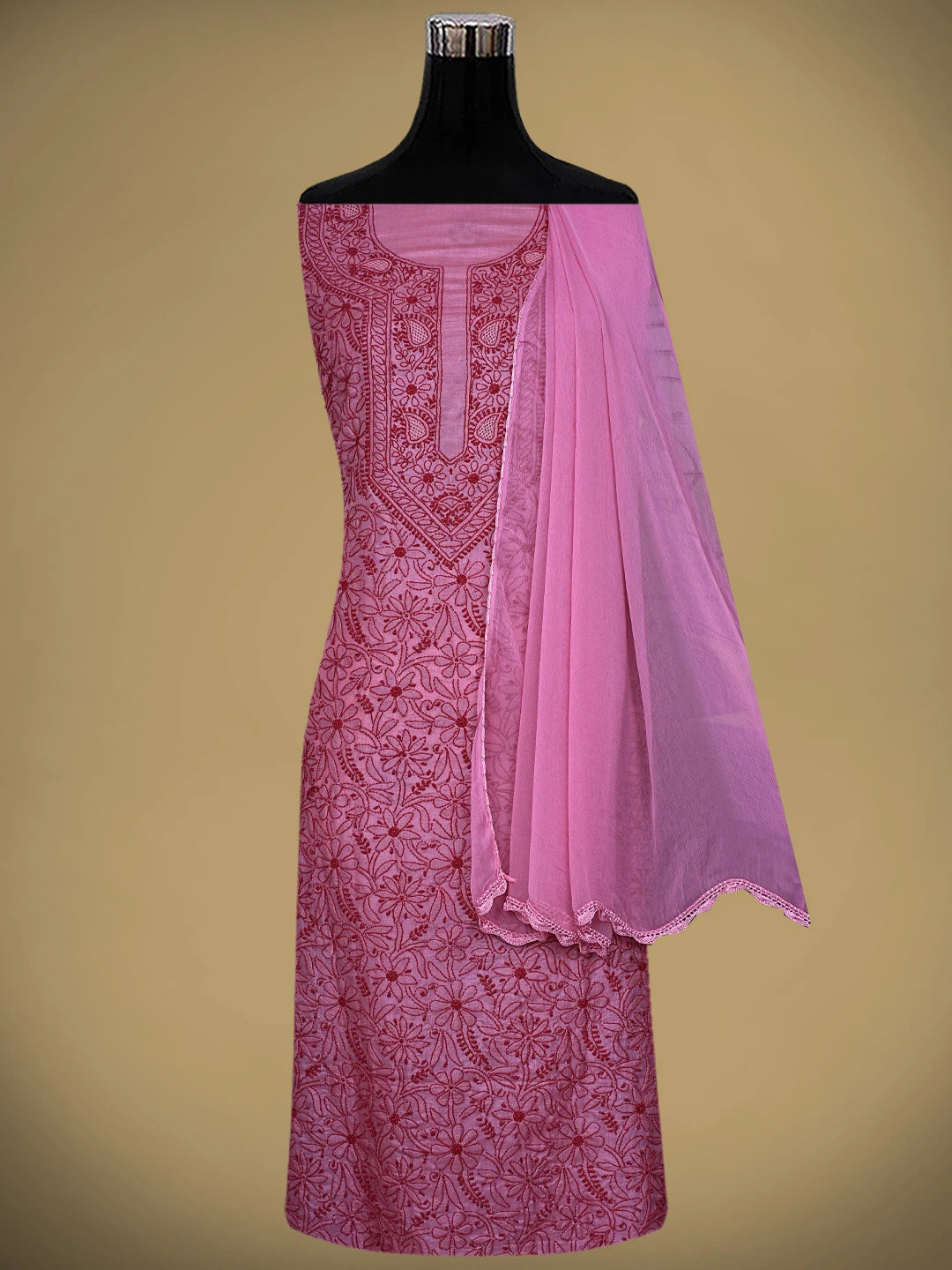 Ada Hand Embroidered Magenta Silk Lucknowi Chikankari Unstitched Suit Piece 01A702866