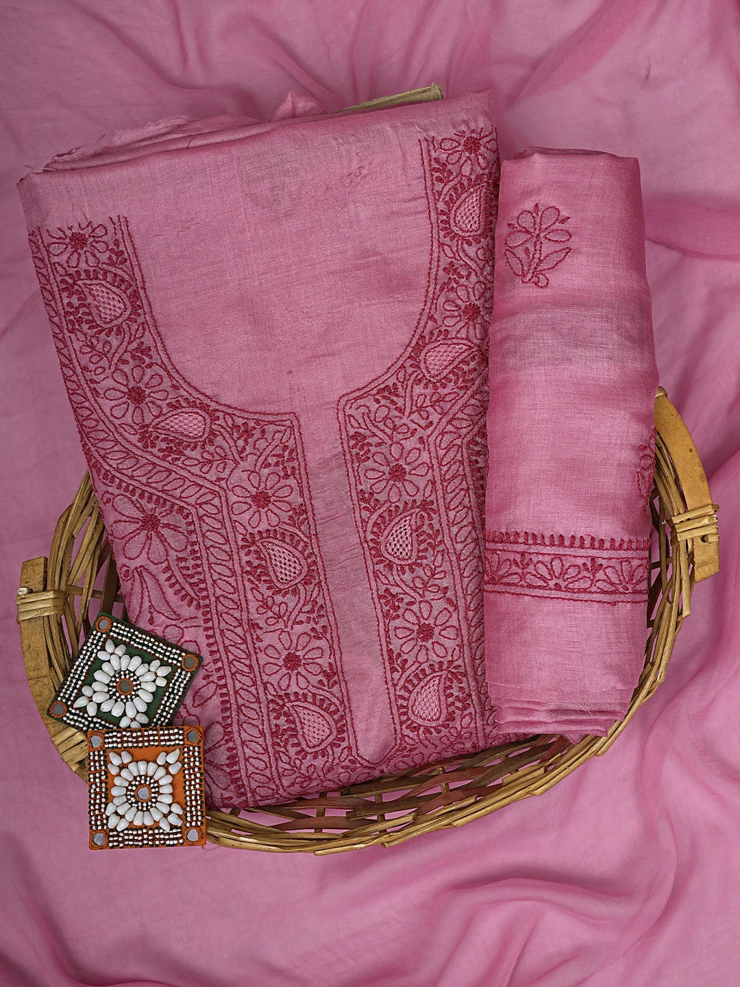 Ada Hand Embroidered Magenta Silk Lucknowi Chikankari Unstitched Suit Piece 01A702866