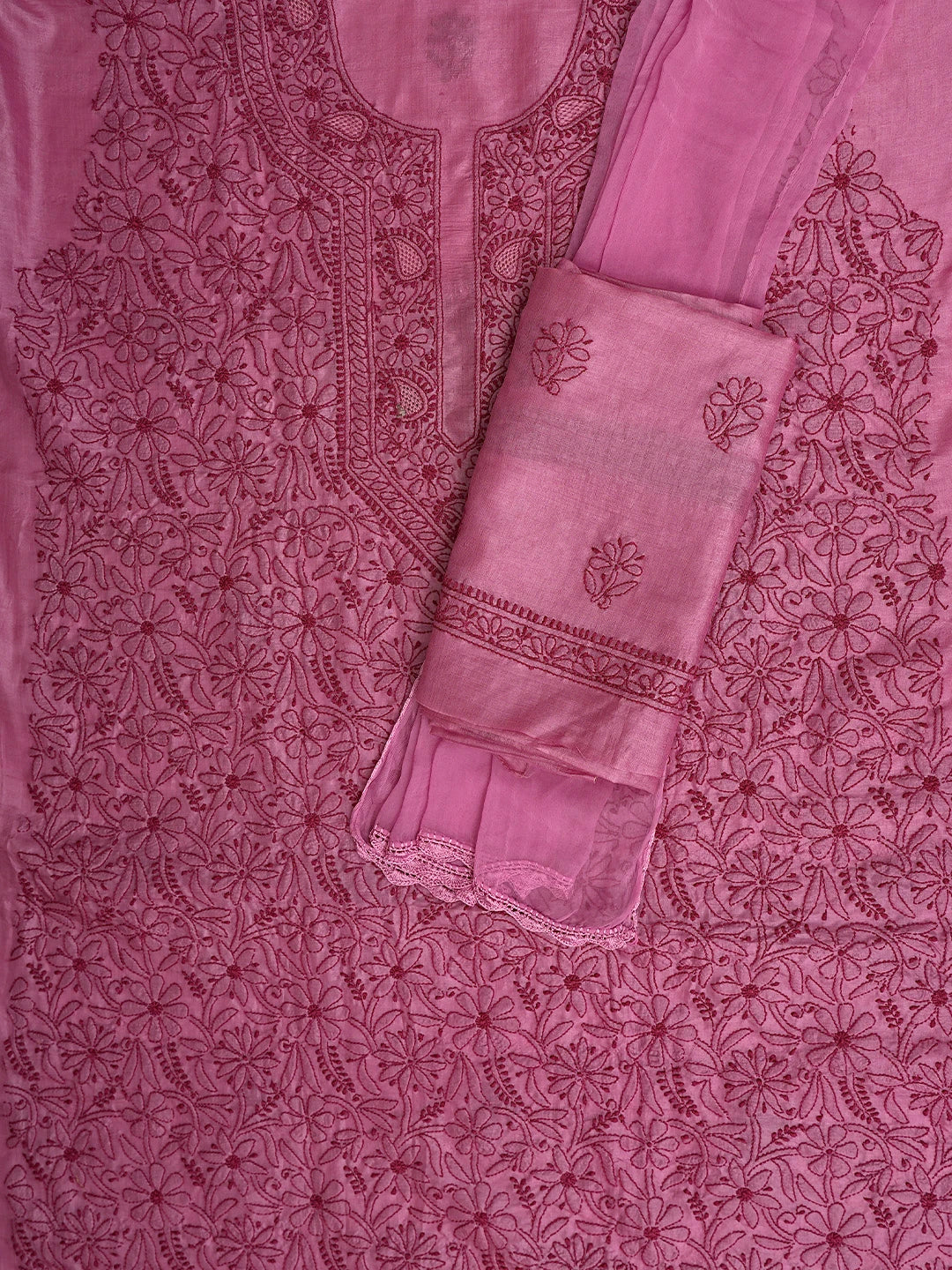 Ada Hand Embroidered Magenta Silk Lucknowi Chikankari Unstitched Suit Piece 01A702866
