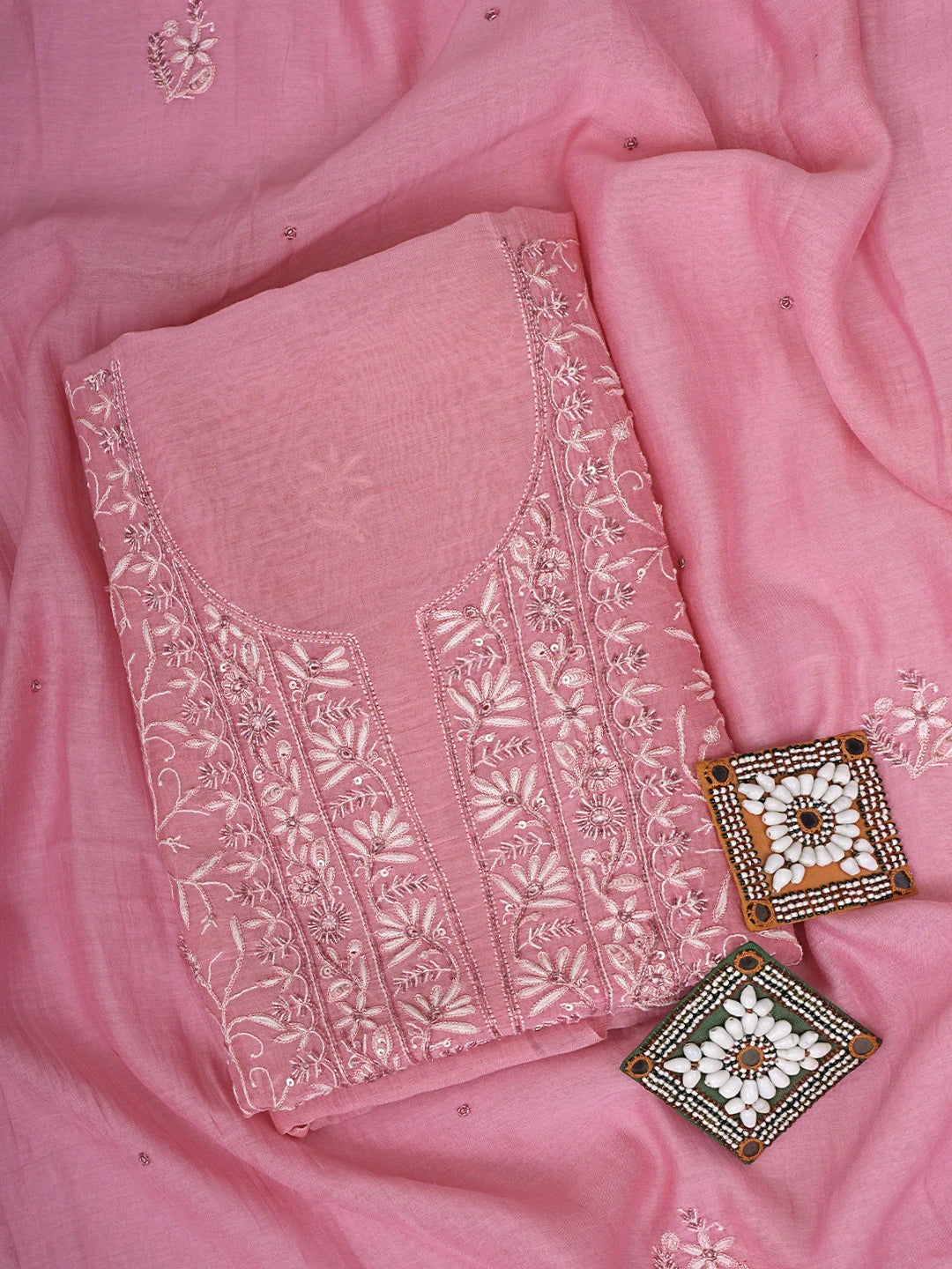 Ada Hand Embroidered Pink Chanderi Lucknowi Chikankari Unstitched Kurta Dupatta Set With Sequinned Work 01A602048