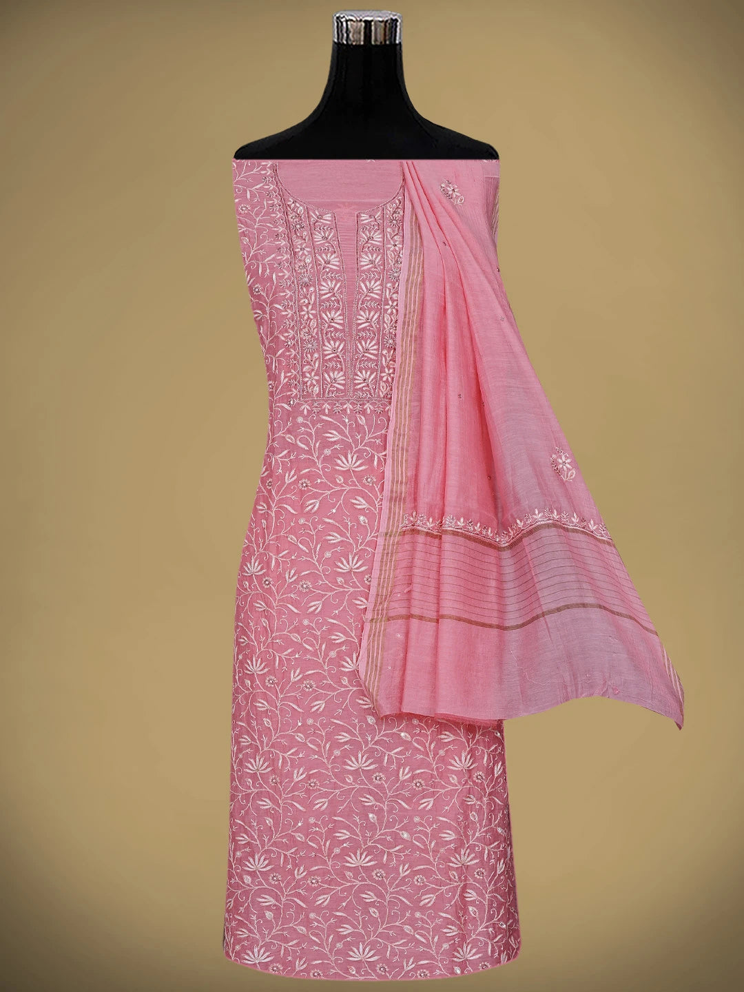 Ada Hand Embroidered Pink Chanderi Lucknowi Chikankari Unstitched Kurta Dupatta Set With Sequinned Work 01A602048