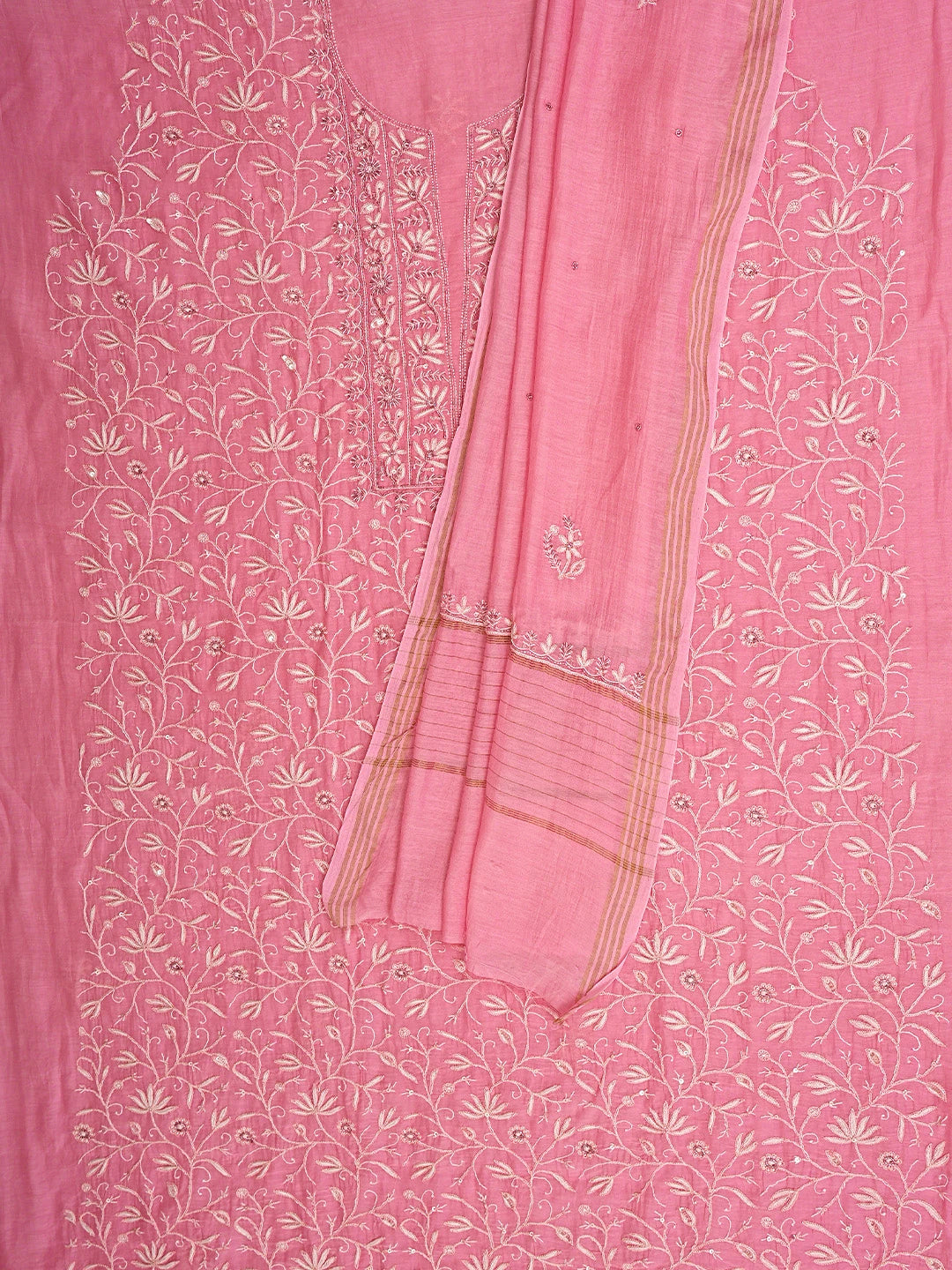 Ada Hand Embroidered Pink Chanderi Lucknowi Chikankari Unstitched Kurta Dupatta Set With Sequinned Work 01A602048