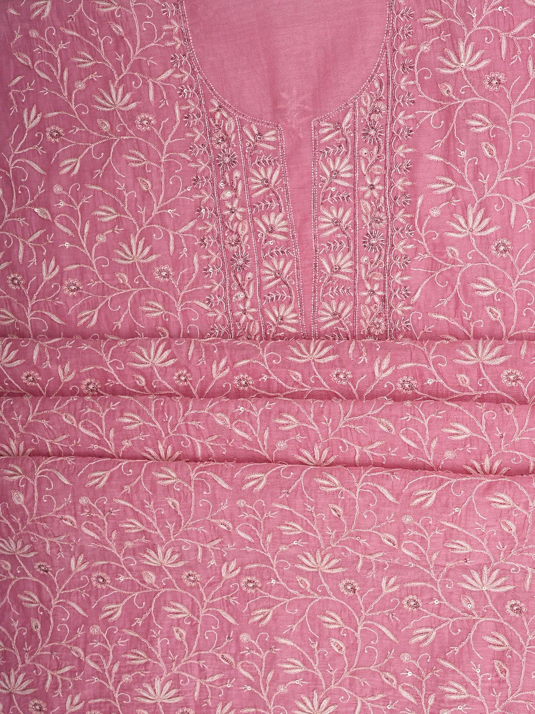 Ada Hand Embroidered Pink Chanderi Lucknowi Chikankari Unstitched Kurta Dupatta Set With Sequinned Work 01A602048