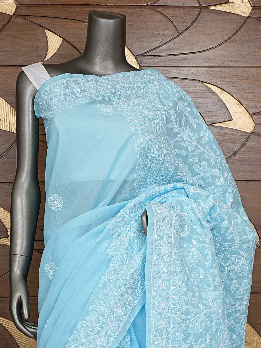 Ada Hand Embroidered Blue Cotton Lucknowi Chikankari Saree and Blouse 01A577532