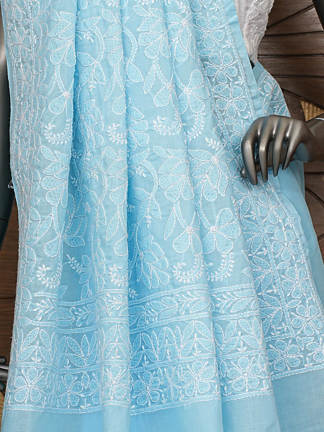 Ada Hand Embroidered Blue Cotton Lucknowi Chikankari Saree and Blouse 01A577532