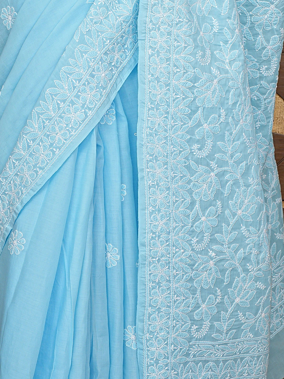 Ada Hand Embroidered Blue Cotton Lucknowi Chikankari Saree and Blouse 01A577532