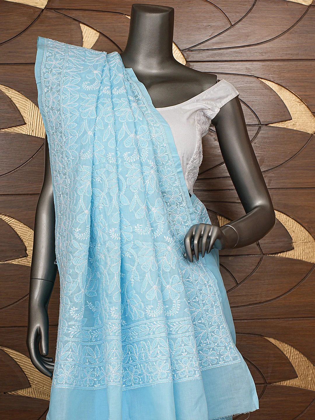 Ada Hand Embroidered Blue Cotton Lucknowi Chikankari Saree and Blouse 01A577532