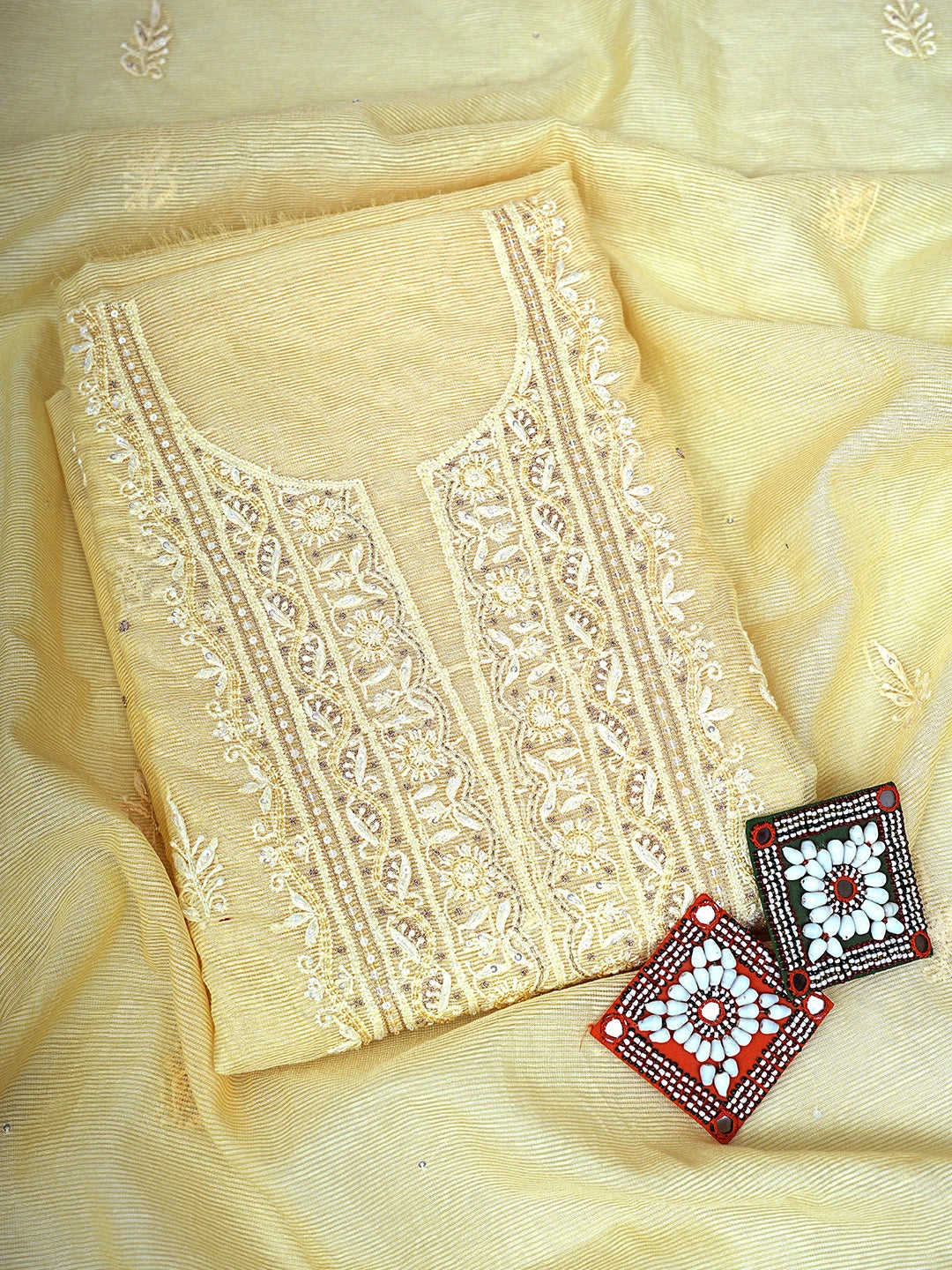 Ada Hand Embroidered Light Gold Yellow  Super Net Lucknowi Chikankari Unstitched Kurta Dupatta Set With Cutdana Work 01A605375