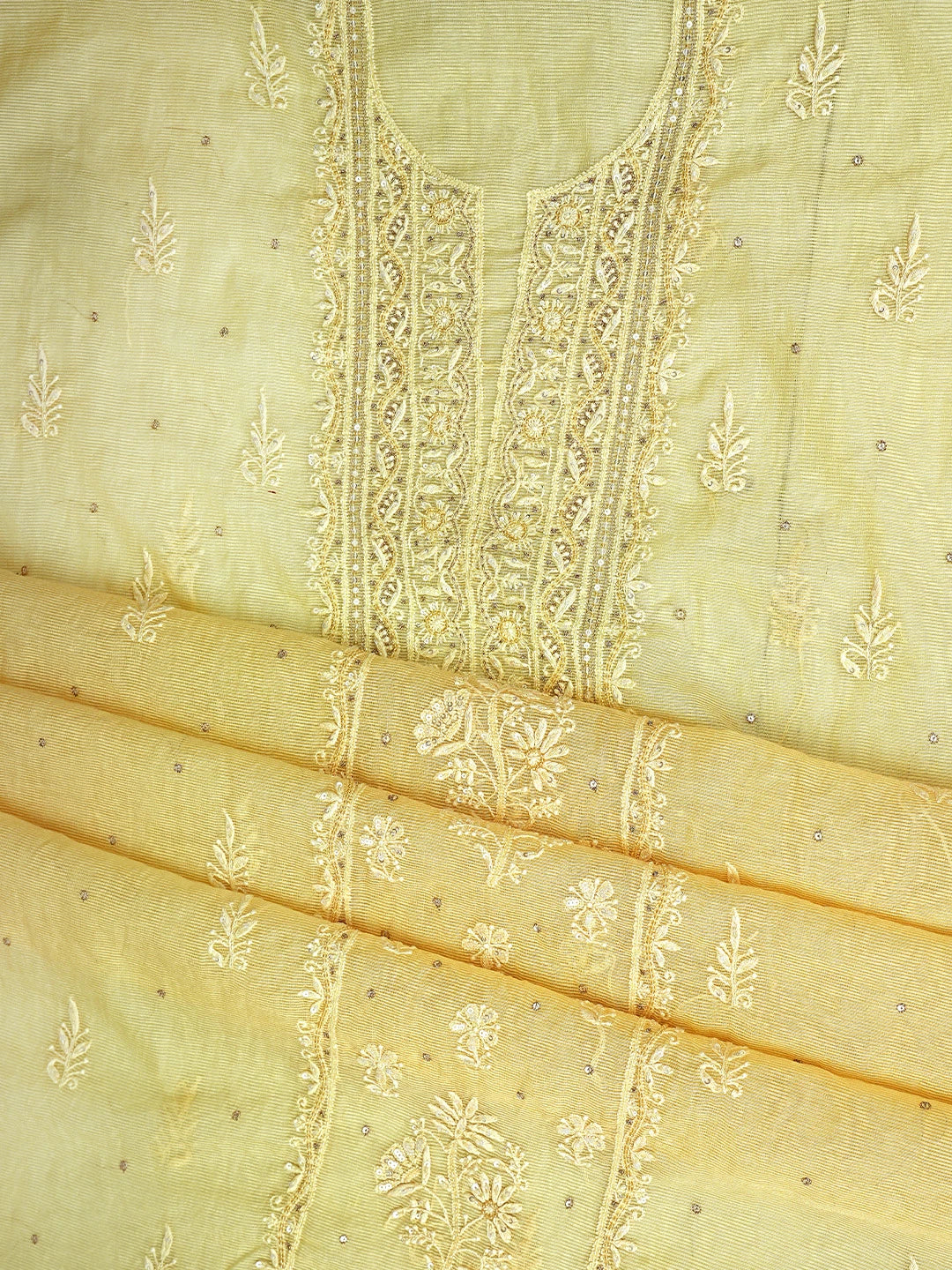 Ada Hand Embroidered Light Gold Yellow  Super Net Lucknowi Chikankari Unstitched Kurta Dupatta Set With Cutdana Work 01A605375