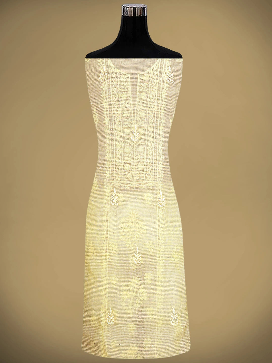 Ada Hand Embroidered Light Gold Yellow  Super Net Lucknowi Chikankari Unstitched Kurta Dupatta Set With Cutdana Work 01A605375