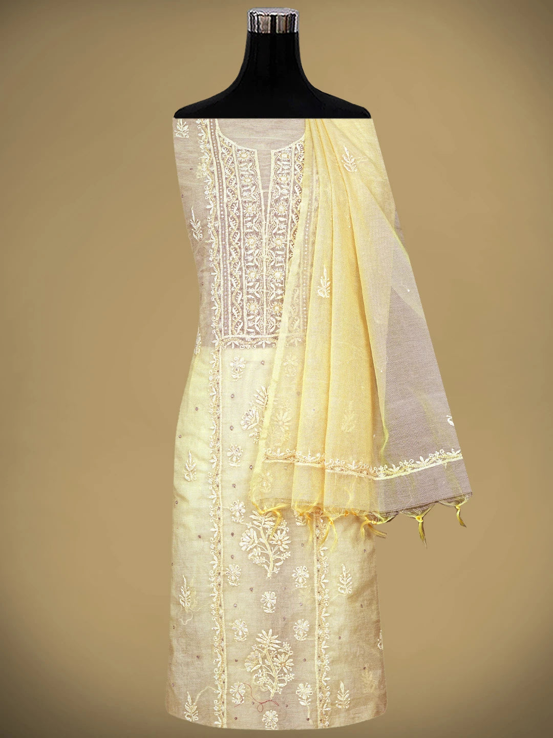 Ada Hand Embroidered Light Gold Yellow  Super Net Lucknowi Chikankari Unstitched Kurta Dupatta Set With Cutdana Work 01A605375