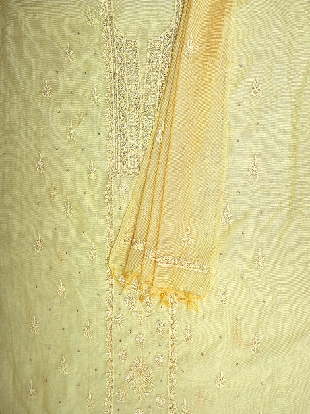 Ada Hand Embroidered Light Gold Yellow  Super Net Lucknowi Chikankari Unstitched Kurta Dupatta Set With Cutdana Work 01A605375