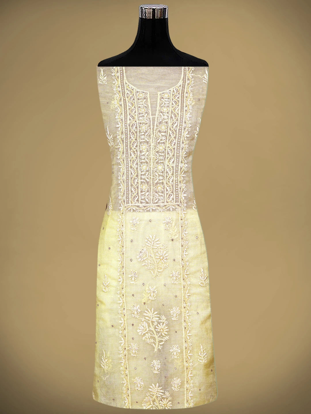 Ada Hand Embroidered Light Gold Yellow  Super Net Lucknowi Chikankari Unstitched Kurta Dupatta Set With Cutdana Work 01A605375