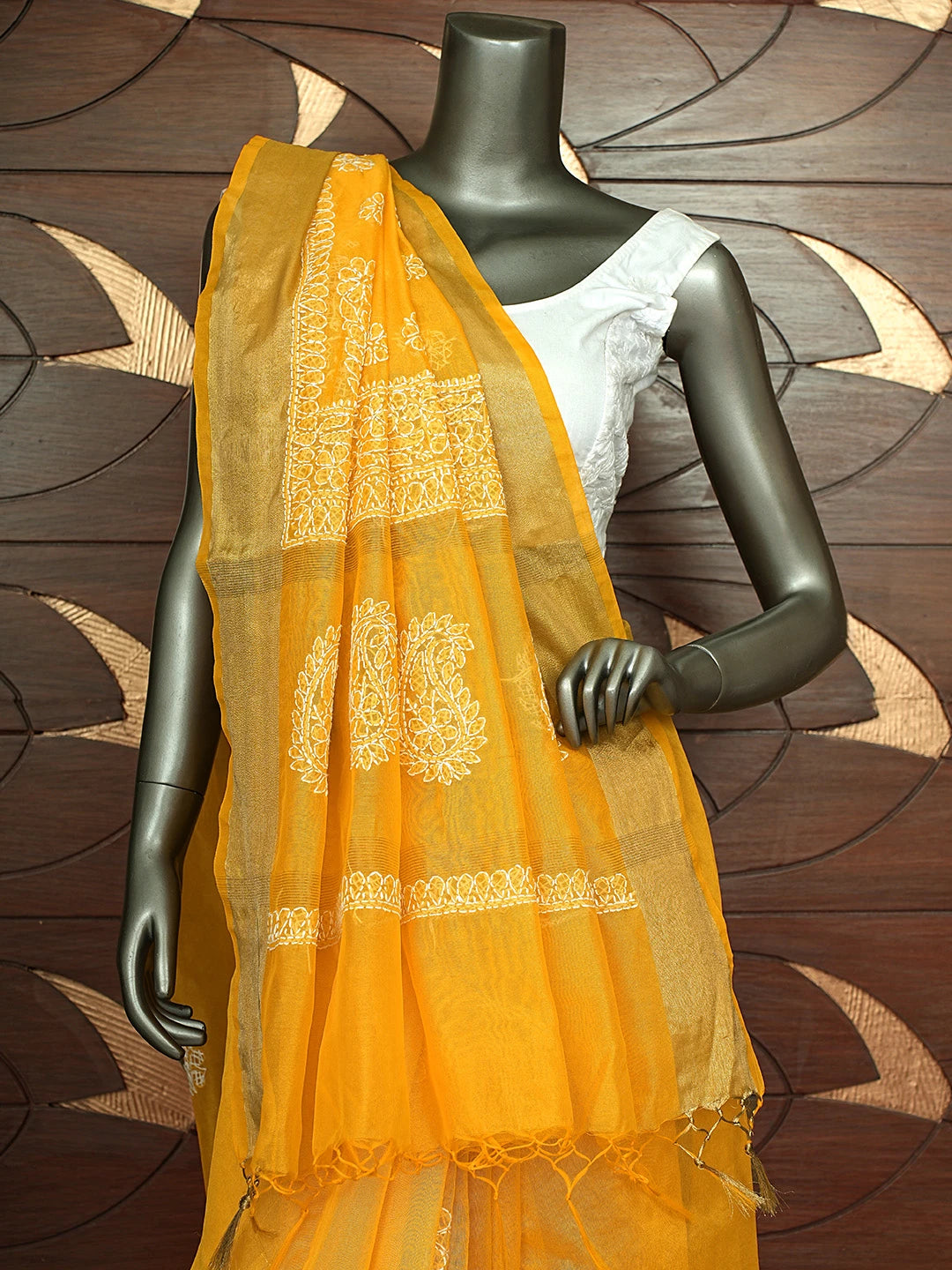 Ada Hand Embroidered Mustard Yellow Lucknowi Chikankari Saree With Blouse 01A833061