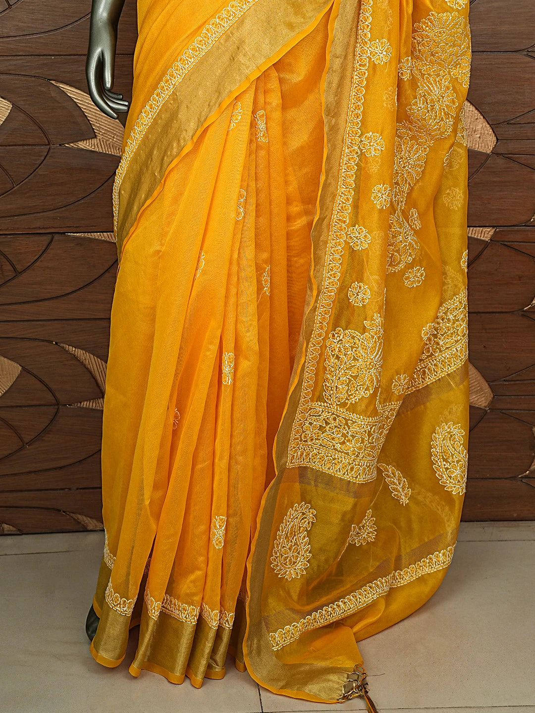Ada Hand Embroidered Mustard Yellow Lucknowi Chikankari Saree With Blouse 01A833061