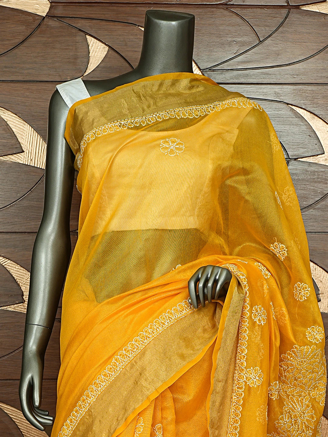 Ada Hand Embroidered Mustard Yellow Lucknowi Chikankari Saree With Blouse 01A833061