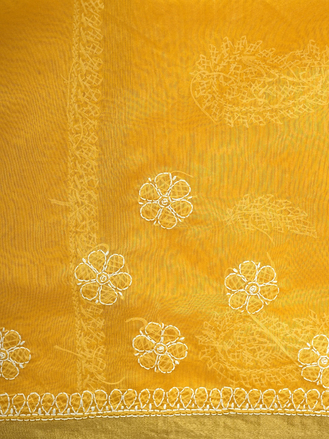 Ada Hand Embroidered Mustard Yellow Lucknowi Chikankari Saree With Blouse 01A833061