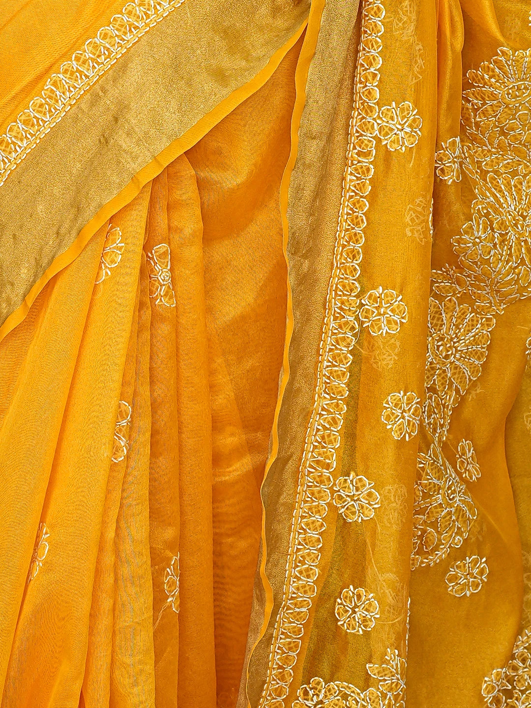 Ada Hand Embroidered Mustard Yellow Lucknowi Chikankari Saree With Blouse 01A833061
