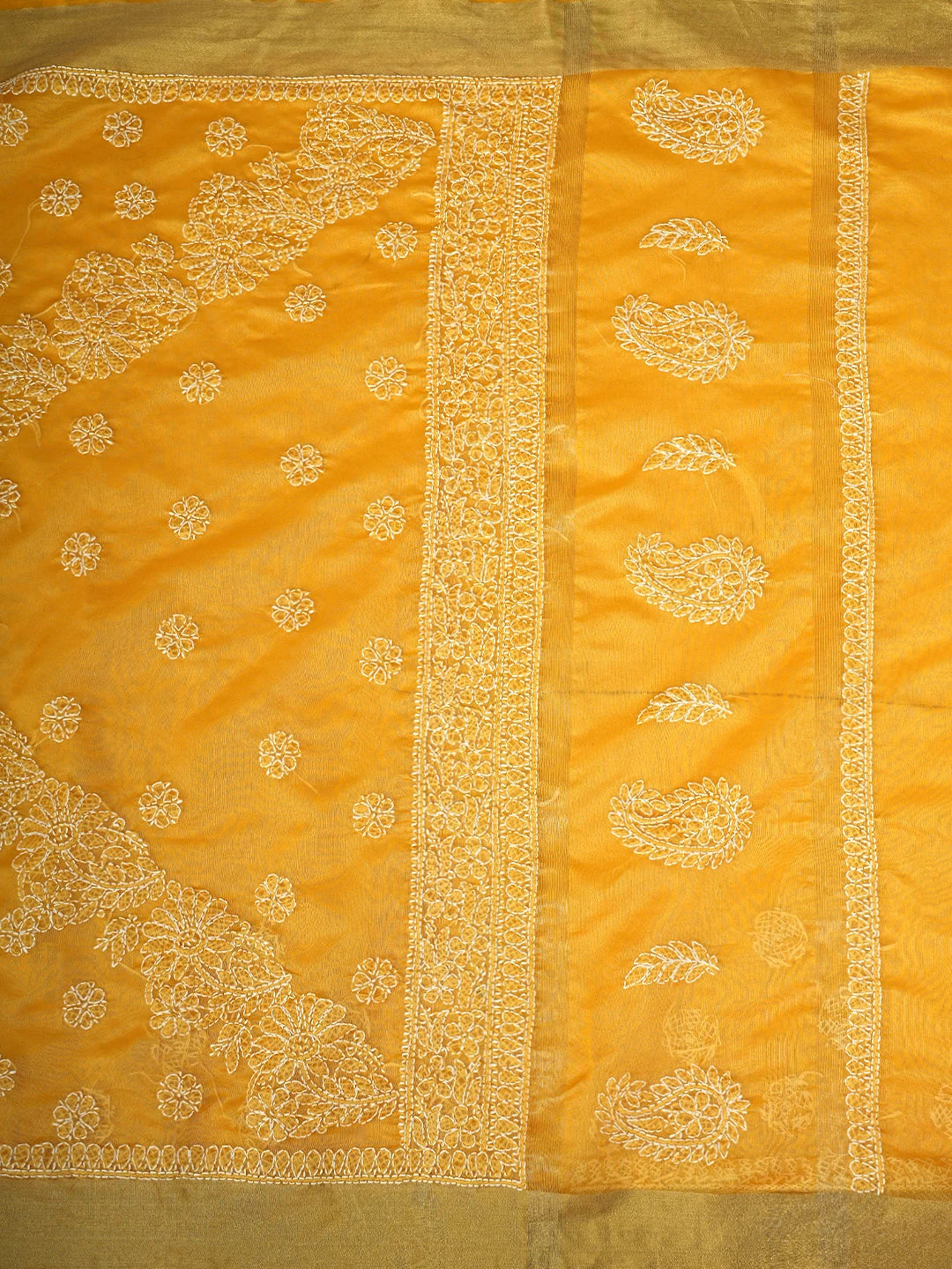 Ada Hand Embroidered Mustard Yellow Lucknowi Chikankari Saree With Blouse 01A833061