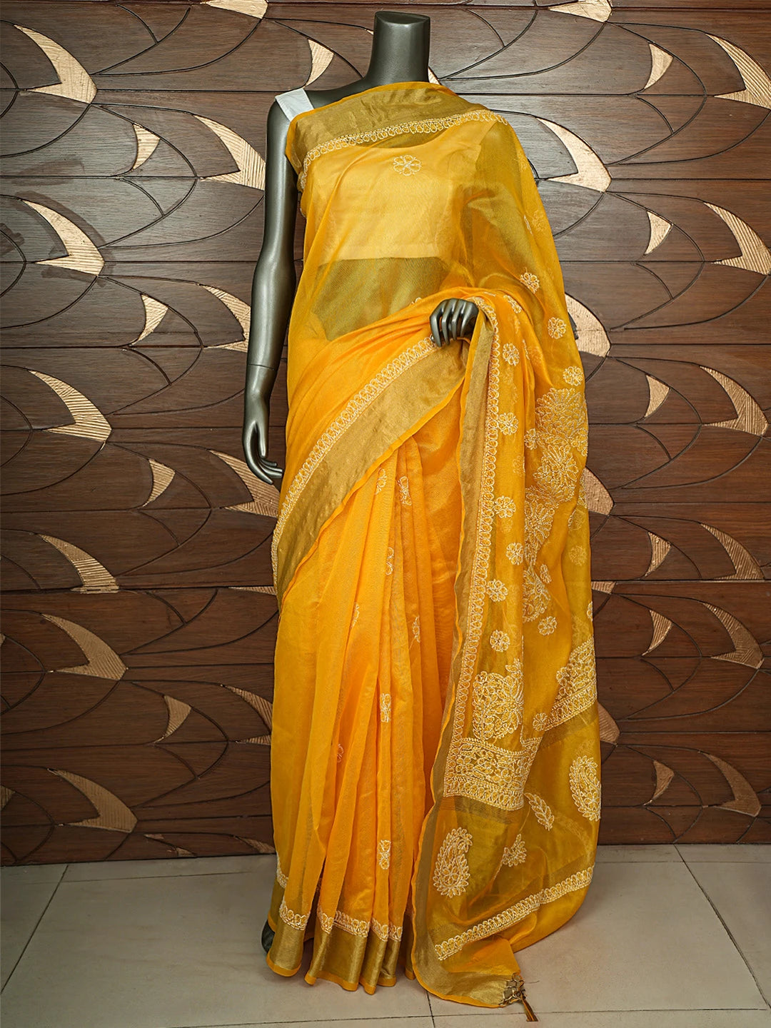 Ada Hand Embroidered Mustard Yellow Lucknowi Chikankari Saree With Blouse 01A833061