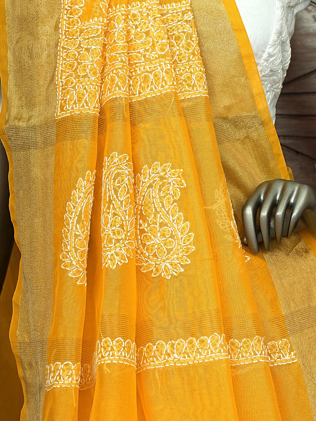 Ada Hand Embroidered Mustard Yellow Lucknowi Chikankari Saree With Blouse 01A833061