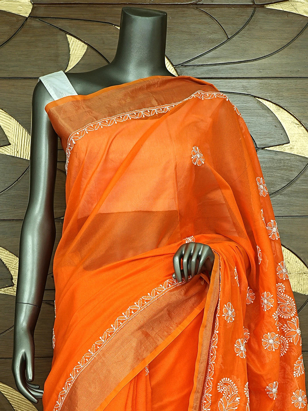 Ada Hand Embroidered Orange Chanderi Lucknowi Chikankari Saree With Blouse 01A878659