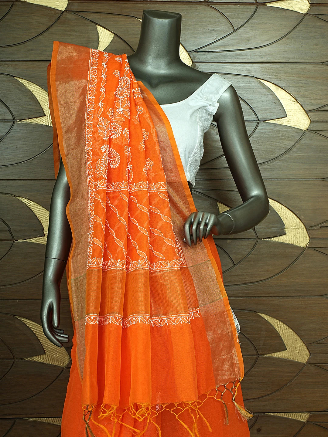 Ada Hand Embroidered Orange Chanderi Lucknowi Chikankari Saree With Blouse 01A878659