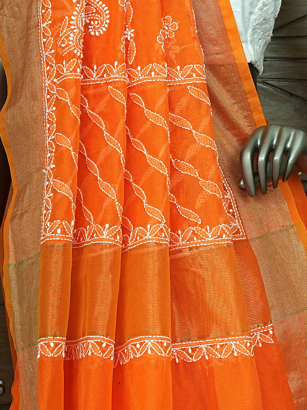 Ada Hand Embroidered Orange Chanderi Lucknowi Chikankari Saree With Blouse 01A878659