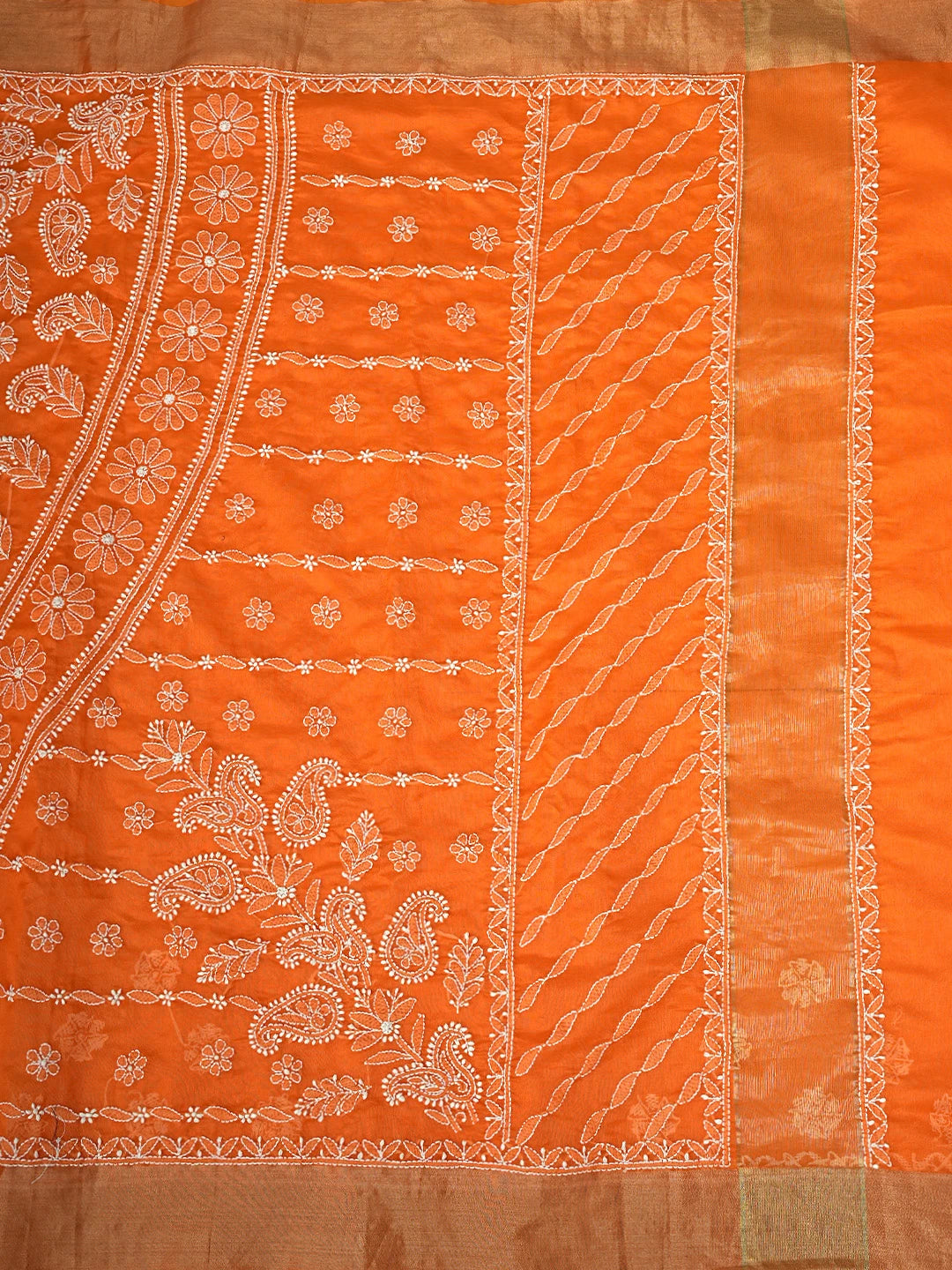 Ada Hand Embroidered Orange Chanderi Lucknowi Chikankari Saree With Blouse 01A878659